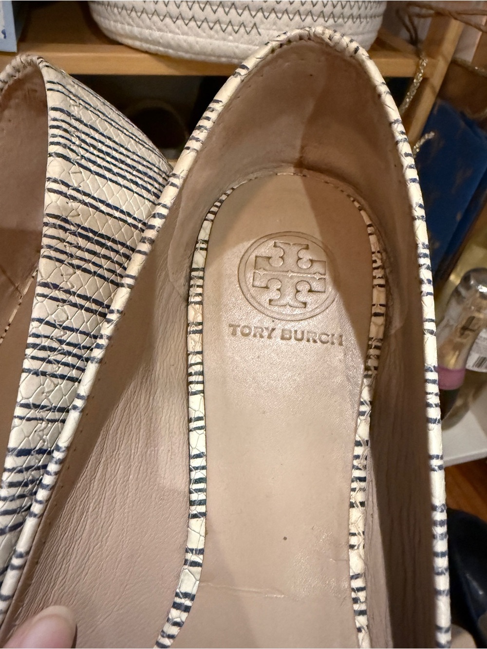 Tory Burch Cream and Navy Striped Logo Ballet Flats - Picture 2 of 4